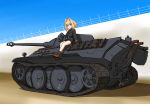  1girl blonde_hair ikune_juugo military military_vehicle red_eyes short_hair smile solo tank vehicle 