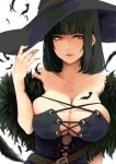  1girl akit_(15jamjam) bare_shoulders black_hair breasts brown_eyes cleavage feathers hat highres huge_breasts jewelry lips looking_at_viewer original ring short_hair smile solo witch witch_hat 