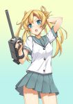  1girl abukuma_(kantai_collection) blonde_hair blue_eyes blush cowboy_shot hair_bun holding_weapon kantai_collection looking_at_viewer open_mouth pleated_skirt school_uniform serafuku skirt solo takayaki tears twintails 