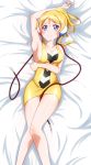  1girl artist_request ayase_eli bare_shoulders blonde_hair blue_eyes blush breasts cosplay headphones highres kamitsure_(pokemon) kamitsure_(pokemon)_(cosplay) long_hair love_live!_school_idol_project lying on_back pokemon pokemon_(game) pokemon_bw ponytail smile solo 