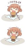  1girl :d ^_^ brown_eyes brown_hair closed_eyes commentary_request fang food hair_ornament hairclip hamburger ikazuchi_(kantai_collection) kantai_collection kotanuki_329 open_mouth short_hair smile solo tearing_up tears translation_request trembling wavy_mouth younger 