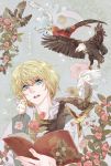  animal_on_shoulder armin_arlert artist_name aruco bird blonde_hair blue_eyes book collared_shirt dated eagle flower hexagram holding holding_book owl plant rose shingeki_no_kyojin shirt star sunflower translation_request 