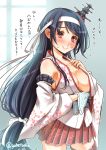  1girl black_hair blush detached_sleeves flying_sweatdrops fusou_(kantai_collection) hair_ornament hair_ribbon headband japanese_clothes kantai_collection long_hair looking_at_viewer open_clothes open_shirt red_eyes ribbon shirt sogabe_toshinori solo sweat towel translated wide_sleeves wiping_sweat 