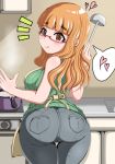  1girl :q apron ass breasts brown_eyes brown_hair denim girls_und_panzer glasses heart highres huge_ass jeans ladle looking_at_viewer looking_back pants red-framed_glasses ribbed_sweater solo spoken_heart stove sweater takebe_saori thigh_gap tongue tongue_out wide_hips 