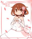  1girl bare_shoulders brown_eyes brown_hair detached_sleeves dress flower hair_flower hair_ornament hanomido highres ikazuchi_(kantai_collection) jewelry kantai_collection necklace petals ring short_hair smile solo wedding_dress wedding_ring 