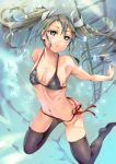  1girl :&lt; absurdres air_bubble armadillo-tokage bikini black_legwear breasts green_eyes green_hair highres holding_breath kantai_collection ladder navel outstretched_arms ribbon-trimmed_legwear ribbon_trim ribs side-tie_bikini small_breasts solo submerged swimsuit thigh-highs twintails underwater zuikaku_(kantai_collection) 