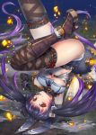  1girl breasts doyouwantto headgear long_hair original purple_hair red_eyes solo thigh-highs twintails under_boob upside-down whistle 