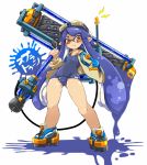  1girl blue_hair blush fang full_body goggles goggles_on_head holding inkling jacket karukan_(monjya) long_hair mask one-piece_swimsuit paint paint_roller paint_splatter pointy_ears red_eyes school_swimsuit solo splatoon standing swimsuit tentacle_hair 