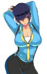  1girl arms_up blue_eyes blue_hair breasts cabbie_hat cleavage cowboy_shot eroe fingerless_gloves gloves hat highres large_breasts necktie persona persona_4 persona_4:_dancing_all_night shirogane_naoto short_hair simple_background solo suspenders white_background 
