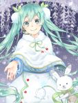  1girl aqua_eyes aqua_hair hatsune_miku headset long_hair looking_at_viewer rabbit scarf smile snowdrop_(flower) snowflakes solo twintails very_long_hair vocaloid yuki_miku 