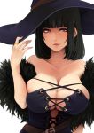  1girl akit_(15jamjam) bare_shoulders black_hair breasts brown_eyes cleavage hat highres huge_breasts jewelry lips looking_at_viewer original ring short_hair smile solo witch witch_hat 