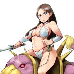  1girl bare_shoulders bikini blue_eyes breasts brown_hair cleavage earrings golden_axe highres jewelry midriff misonou_hirokichi monster mount navel sega simple_background solo swimsuit thighs tyris_flare white_background 