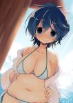  1girl 3: artist_name bikini blue_eyes blue_hair blush breasts character_request cleavage collarbone curvy large_breasts looking_at_viewer navel sagging_breasts short_hair solo swimsuit water yuzuki_gao 