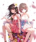  2girls blue_eyes breasts brown_eyes brown_hair capelet cleavage dress flower hair_flower hair_ornament holding_hands jewelry long_hair moai_(aoh) multiple_girls necklace original petals short_hair smile white_background 