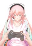  0_0 1girl blush breast_grab breasts headphones highres hoshi_yoshimi large_breasts long_hair looking_at_viewer nitroplus o_o open_mouth pink_hair solo super_sonico wide_oval_eyes 