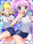  2girls blonde_hair blue_eyes blush bow buruma double_bun green_eyes gym_uniform hair_bow highres long_hair looking_at_viewer manaka_lala minami_mirei multiple_girls one_eye_closed open_mouth pripara purple_hair short_hair smile twintails v yasutake 