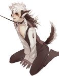 1boy animal_ears artist_request black_hair blush boots fire_emblem fire_emblem_if flannel_(fire_emblem_if) gloves highres long_hair multicolored_hair red_eyes scar solo tail two-tone_hair white_hair wolf_ears wolf_tail 