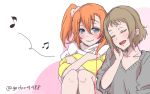  2girls blue_eyes blush brown_hair closed_eyes earphones gecko4488 green_eyes hug kira_tsubasa kousaka_honoka love_live!_school_idol_project multiple_girls musical_note open_mouth orange_hair pillow shared_earphones short_hair side_ponytail sitting smile twitter_username 