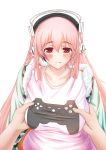  1girl blush breast_grab breasts headphones highres hoshi_yoshimi large_breasts long_hair looking_at_viewer nitroplus open_mouth pink_hair red_eyes solo super_sonico tears 