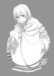  1girl full_body grey_background grin hiryuu_(kantai_collection) japanese_clothes kantai_collection kinosuke_(sositeimanoga) long_sleeves monochrome short_hair simple_background smile solo squatting tabi v wide_sleeves 