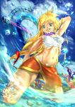  1girl bandages blonde_hair blue_eyes breasts chrono_cross clouds highres jewelry kid_(chrono_cross) long_hair looking_at_viewer midriff momomoxeno navel necklace skirt smile solo water 