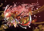  1girl :o armor cherry_blossoms floral_print flower highres i-la japanese_clothes katana kimono looking_at_viewer obi original petals pink_eyes pink_hair ribbon_trim sash short_hair solo sword tabi weapon 
