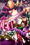  androgynous armor black_hair face_mask headdress highres katana long_hair looking_at_viewer mask pikomarie puzzle_&amp;_dragons skirt sword twintails very_long_hair violet_eyes weapon yomi_(p&amp;d) 