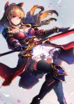  1girl armor black_legwear boots bow breasts brown_hair cleavage gauntlets granblue_fantasy hair_bow holysnow long_hair looking_at_viewer petals red_eyes skirt smile solo sword thigh-highs vila weapon 