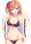  1girl bikini blue_eyes bracelet breasts brown_hair chobipero cleavage collarbone cowboy_shot flower front-tie_top hair_between_eyes hair_flower hair_ornament highres jewelry kousaka_honoka love_live!_school_idol_project navel off_shoulder one_side_up polka_dot polka_dot_swimsuit print_bikini side-tie_bikini solo sweat swimsuit 