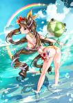  1girl absurdres ass barefoot bikini bracelet brown_eyes brown_hair chushengdao clouds flower frog from_behind hair_flower hair_ornament highres jewelry kaku-san-sei_million_arthur long_hair looking_back open_mouth rainbow red_flower sky solo swimsuit twintails very_long_hair wading water 