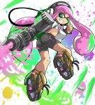  1girl bike_shorts domino_mask foreshortening from_behind green_eyes grin headphones ink_tank inkling karukan_(monjya) long_hair looking_at_viewer looking_back mask paint_gun paint_splatter pink_hair pointy_ears print_shirt shirt shoes single_vertical_stripe smile sneakers solo splatoon squid tentacle_hair thumbs_up upshirt 