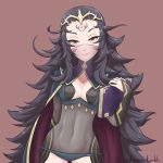  black_hair book breasts cleavage cleavage_cutout covered_navel cslucaris fire_emblem fire_emblem_if holding holding_book lips long_hair messy_hair nyx_(fire_emblem_if) red_eyes see-through smile tiara veil very_long_hair 