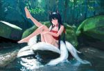  1girl ahri animal_ears artist_request bare_shoulders barefoot black_hair fox_ears fox_tail league_of_legends long_hair river smile solo tail yellow_eyes 