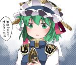  1girl blue_background gradient gradient_background green_eyes green_hair hair_ornament hammer_(sunset_beach) hat long_sleeves looking_at_viewer rod_of_remorse shiki_eiki short_hair solo touhou translation_request 