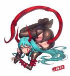  1girl aqua_hair arm_belt back backless_outfit bodysuit boots dragon_horns dragon_tail earrings fingerless_gloves gloves grey_eyes high_heel_boots high_heels highres horns jewelry jjune long_hair looking_at_viewer lying on_side original solo tail thigh-highs very_long_hair 