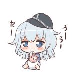 1girl alternate_costume anchor_symbol baby barefoot bib commentary_request flat_cap hat hibiki_(kantai_collection) kantai_collection kotanuki_329 long_hair saliva short_sleeves silver_hair simple_background solo translation_request white_background younger 