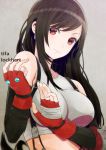  1girl black_hair breasts character_name final_fantasy final_fantasy_vii fingerless_gloves gloves highres kuso_bba large_breasts long_hair looking_at_viewer red_eyes red_gloves solo suspenders tifa_lockhart 