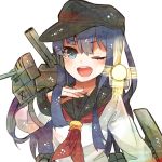  1girl akatsuki_(kantai_collection) black_hair blue_eyes hat itomugi-kun kantai_collection long_hair looking_at_viewer machinery one_eye_closed open_mouth searchlight sleeves_past_wrists solo turret 