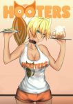  ahoge blonde_hair breasts food green_eyes highres hooters large_breasts mito_ikumi norman_maggot shokugeki_no_souma short_hair tank_top 