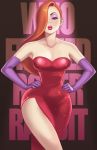  1girl bare_shoulders breasts cleavage disney dress earrings elbow_gloves gloves hair_over_one_eye hands_on_hips jessica_rabbit jewelry lips lipstick long_hair looking_at_viewer makeup maou_alba red_dress redhead solo thighs who_framed_roger_rabbit wide_hips 