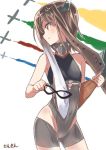  1girl bare_shoulders blush brown_eyes brown_hair covered_navel cowboy_shot domino_mask fusion headgear inkling kantai_collection leotard looking_to_the_side mask mask_removed sensen signature smile solo splatoon taihou_(kantai_collection) tentacle_hair 