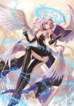  1girl 2015 archangel_metatron_(p&amp;d) blue_eyes book bridal_gauntlets choker highres long_hair magic_circle pink_hair puzzle_&amp;_dragons revealing_clothes runes shoes signature solo wada_masanori white_wings wings 