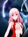  1girl bare_shoulders blush breasts center_opening cleavage guilty_crown hair_ornament hairclip hand_on_own_chest highres hy_(pixiv) long_hair looking_at_viewer open_mouth pink_hair red_eyes solo twintails yuzuriha_inori 