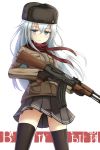  1girl ak-47 alternate_costume alternate_headwear aqua_eyes aqua_hair assault_rifle black_legwear black_skirt brown_gloves character_name cowboy_shot finger_on_trigger fur_hat gloves gun hammer_and_sickle hat hibiki_(kantai_collection) highres jacket kantai_collection long_hair looking_at_viewer military military_uniform pleated_skirt rabochicken red_scarf rifle scarf simple_background skirt solo thigh-highs uniform verniy_(kantai_collection) weapon white_background 