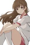  1girl bangs blush brown_eyes brown_hair duffy gym_shorts gym_uniform highres idolmaster idolmaster_cinderella_girls long_hair looking_at_viewer nitta_minami shorts simple_background sitting smile socks solo white_background white_legwear 