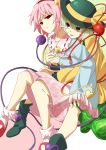  2girls :p green_eyes green_hair hairband hat hat_ribbon heart highres hug hug_from_behind komeiji_koishi komeiji_satori multiple_girls oiun parted_lips pink_hair red_eyes ribbon siblings sisters skirt sleeves_past_wrists tongue tongue_out touhou 