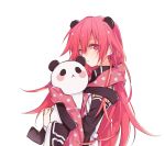  1girl choujigen_game_neptune detached_sleeves hatyo holding long_hair looking_at_viewer neptune_(series) panda panda_ears red_eyes red_scarf redhead scarf shakeko_(choujigen_game_neptune) 