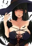 1girl akit_(15jamjam) bare_shoulders black_hair breasts brown_eyes cleavage hat highres huge_breasts jewelry lips looking_at_viewer original ring short_hair smile solo witch witch_hat 