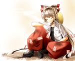  1girl boots bow cigarette closed_eyes commentary_request fujiwara_no_mokou gloves hair_bow hair_ribbon headwear_removed helmet helmet_removed highres indo_(mdtanaka2007) long_hair open_clothes open_shirt pants ribbon shirt silver_hair sitting solo touhou tress_ribbon very_long_hair white_gloves 