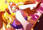  1girl aida_takanobu amanogawa_kirara armpits arms_up bowtie cure_twinkle detached_collar earrings go!_princess_precure high_heels jewelry long_hair magical_girl orange_hair precure sleeveless smile solo star star_earrings teeth thigh-highs twintails very_long_hair violet_eyes white_legwear wrist_cuffs 